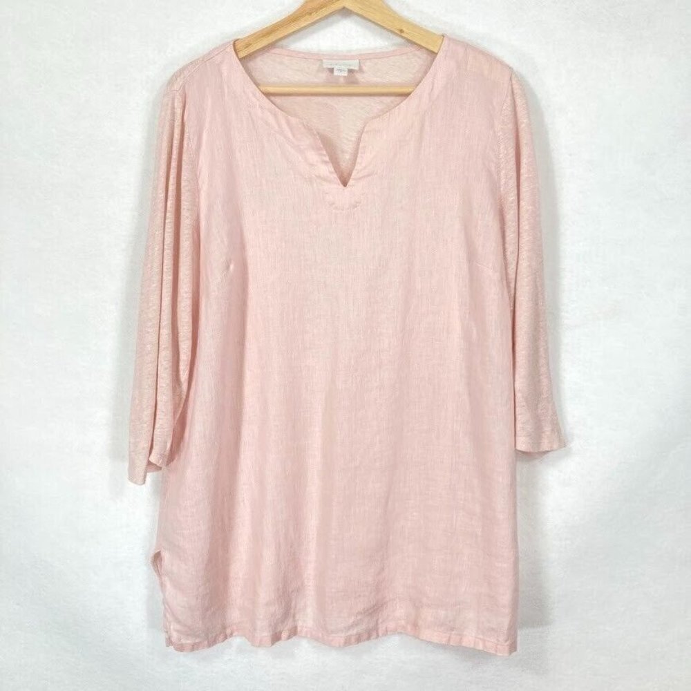 J. Jill Love Linen 100% Linen Pink Split Neck 3/4th Sleeve Tunic Blouse Med